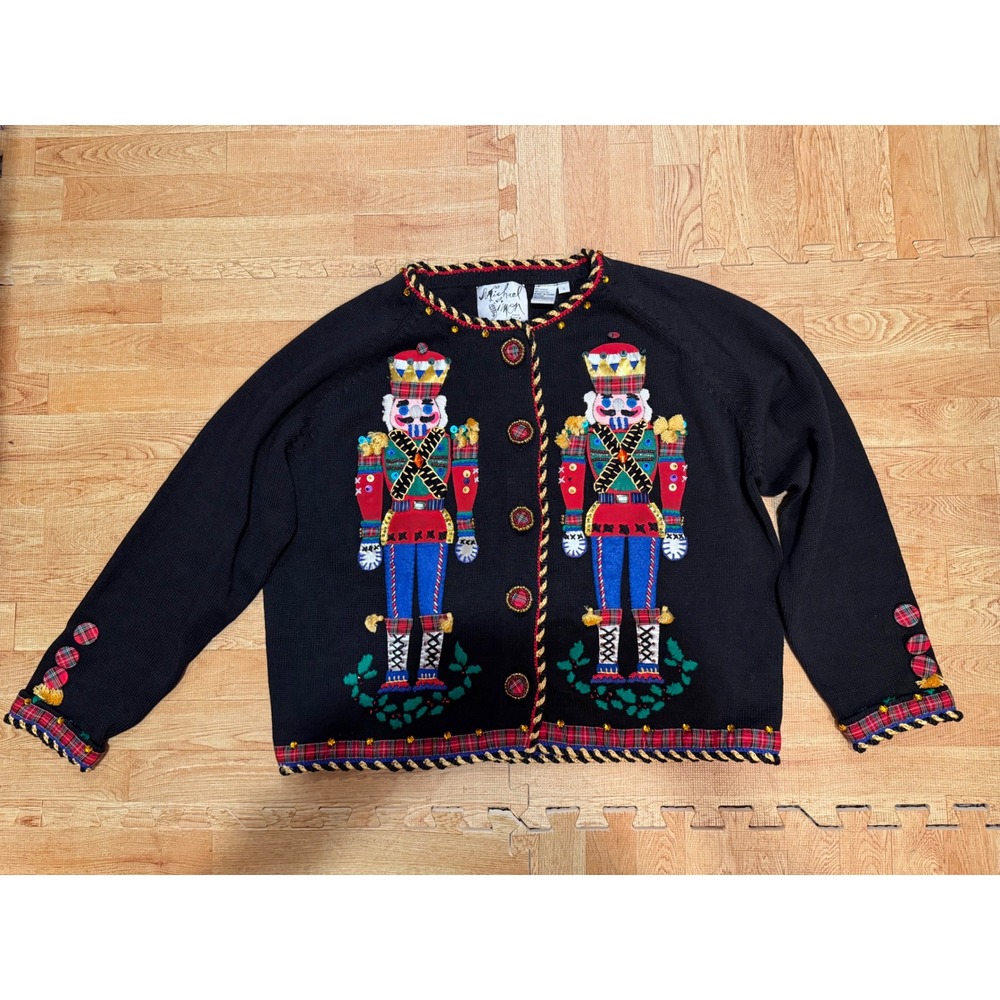 Michael Simon Vintage Nutcracker Christmas Cardigan Sweater Black Plaid Large